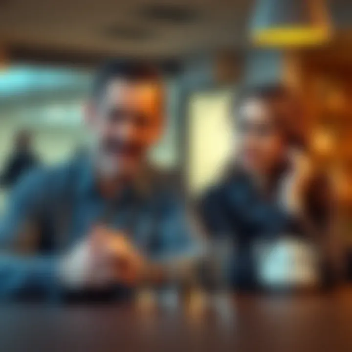 A husband and wife look worried while sitting at a table. The husband seems to be joking while the wife appears confused.