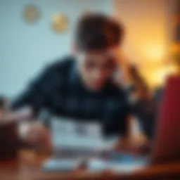 Stressed gambler looking at bills A worried person sits at a table with bills and a laptop, showing distress over financial problems after gambling losses.
