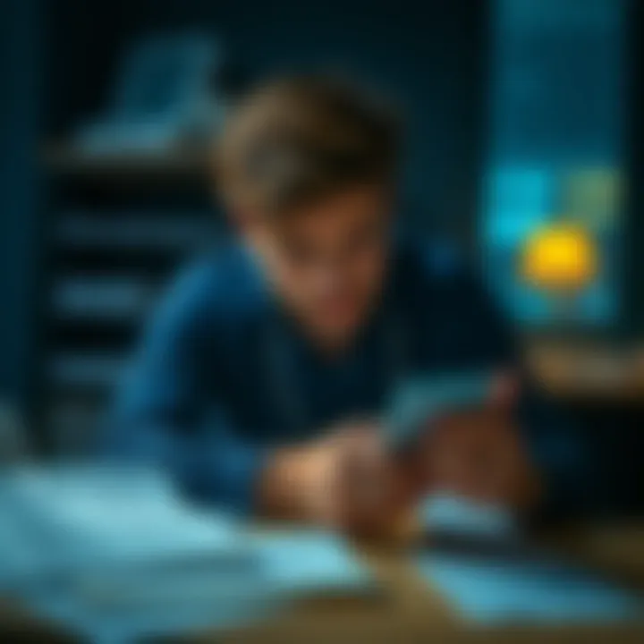 A person sitting at a table with bills and a phone showing bank notifications, looking worried and anxious about their financial situation.