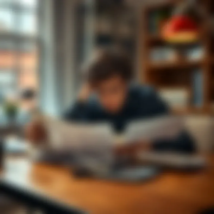 Person looking stressed with bills A person sitting at a table, appearing stressed while looking at bills and financial statements, showing signs of financial struggle