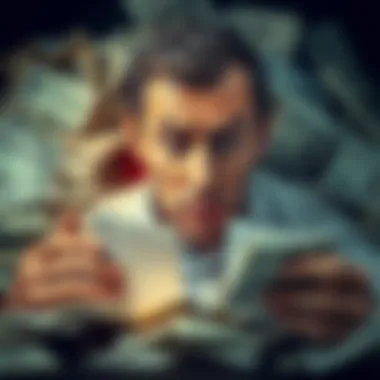 A worried person surrounded by unpaid bills and credit statements, reflecting the stress of gambling debts