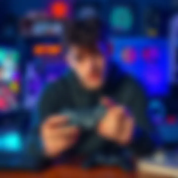 A player looking anxious while holding a game controller, surrounded by gaming paraphernalia, symbolizing the stress of forgetting an important game card.