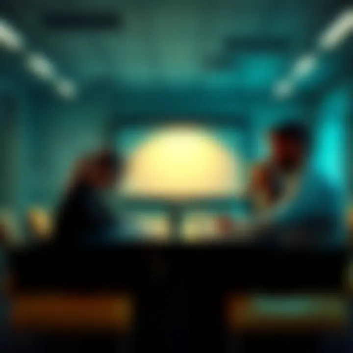 A group of colleagues in a tense meeting discussing stress related to KD's performance last quarter