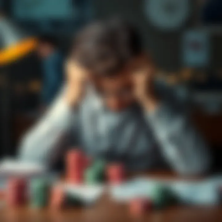 A stressed employee sits at a desk with his head in his hands, surrounded by gambling chips and paperwork, reflecting his turmoil after a traumatic work incident.