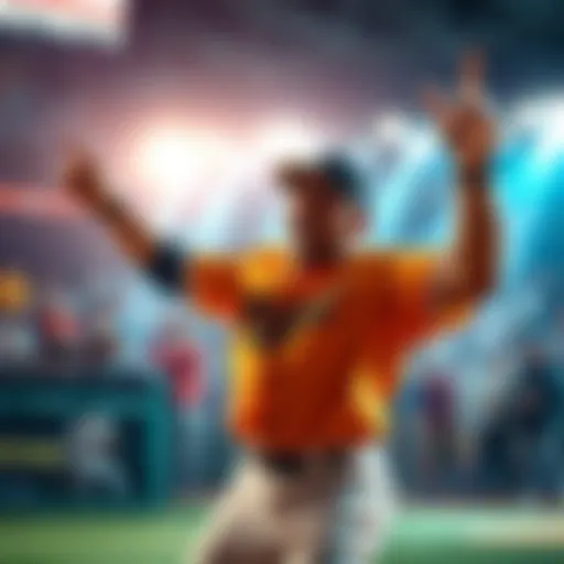 A player joyfully celebrating a strikeout in a dynamic gaming environment