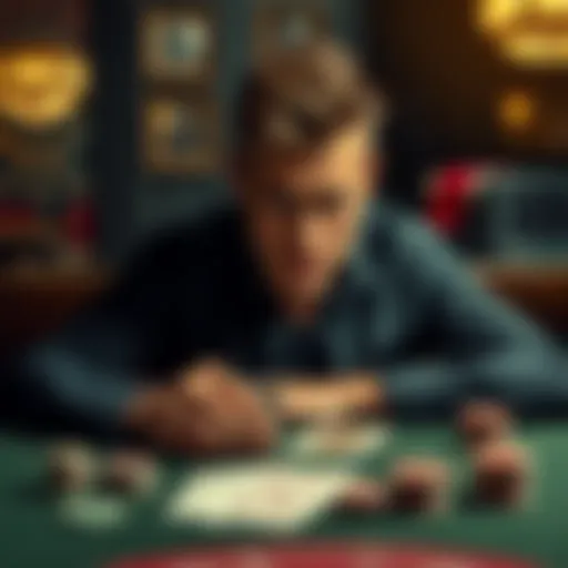 A person sitting at a table with playing cards, looking frustrated and lost in thought, symbolizing the fight against gambling addiction.
