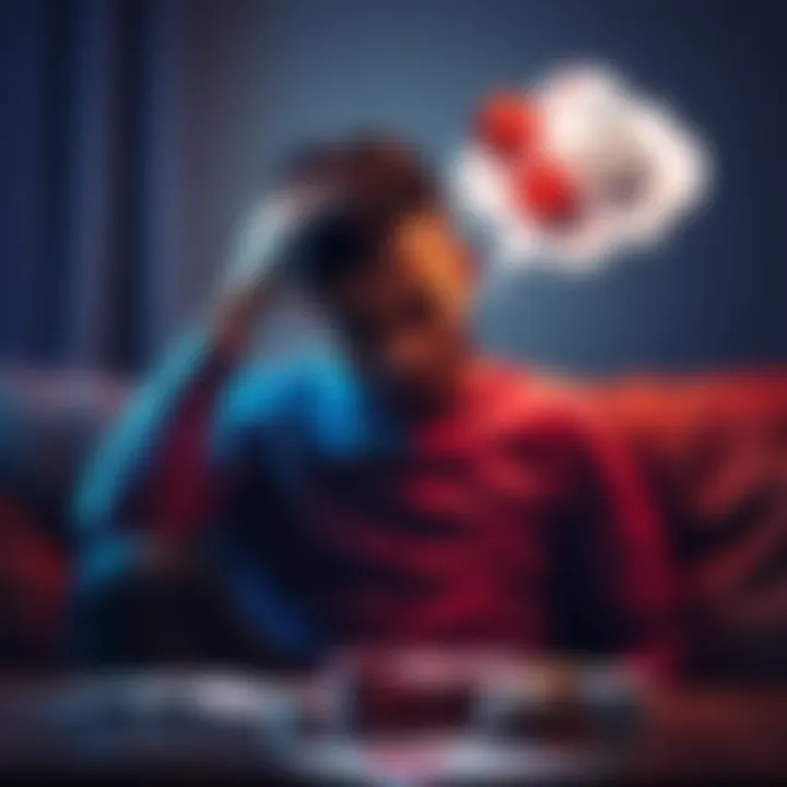A person sitting on a couch, looking worried while holding their head, with a thought bubble showing gambling symbols like dice and cards.