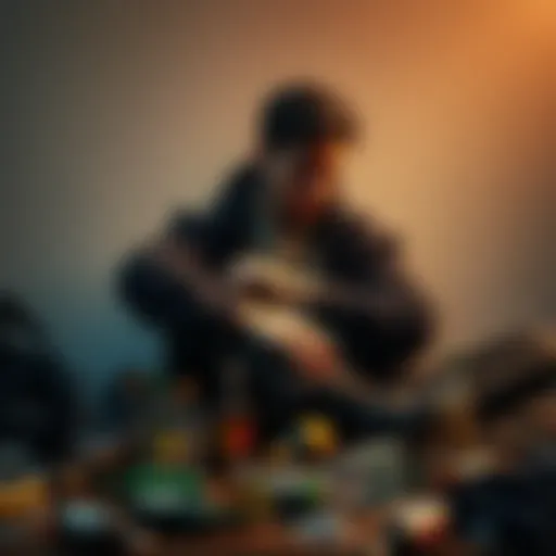 A person sitting alone with a distressed expression, surrounded by empty bottles and scattered belongings, depicting the burden of addiction.