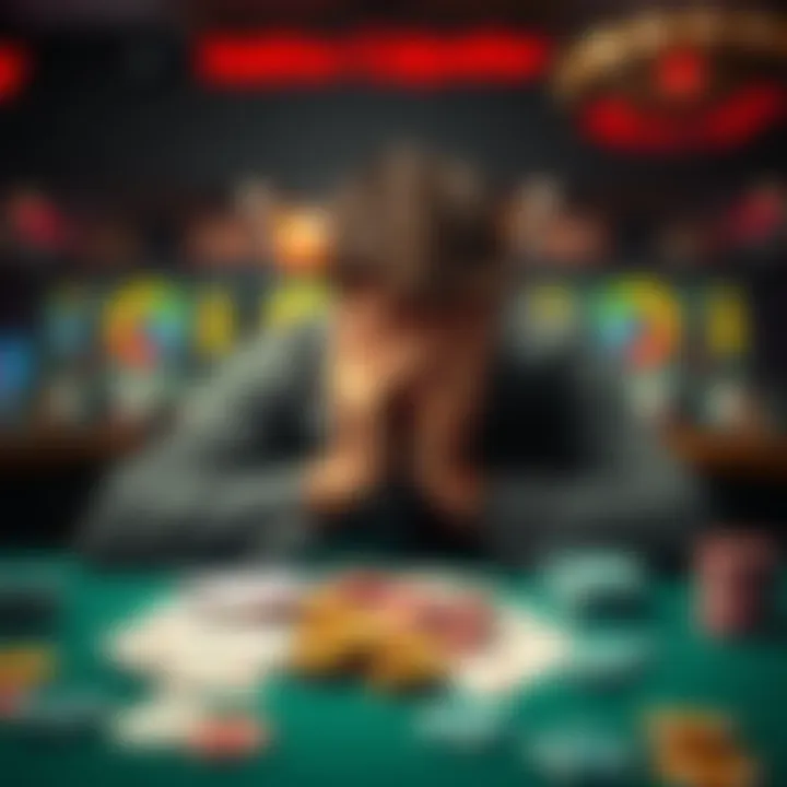 A person sitting at a table with their head in their hands, surrounded by playing cards and casino chips, reflecting on their gambling losses.