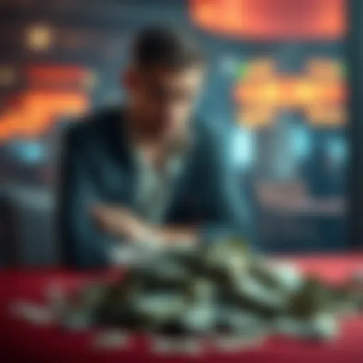 A man sitting alone with a worried expression, looking at a pile of lost cash on the table, symbolizing the challenges of overcoming gambling addiction.