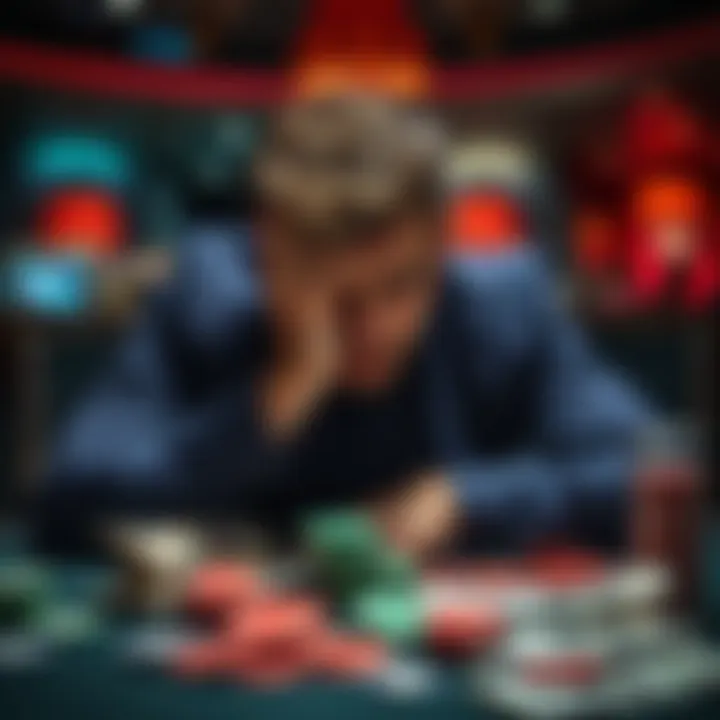 A person sitting at a table looking stressed, surrounded by gambling chips and bills, symbolizing the struggle with gambling addiction and debt.