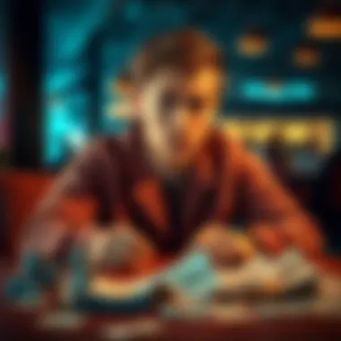 An 18-year-old man looking worried, reflecting on his gambling debts, sitting at a table with bills scattered around.