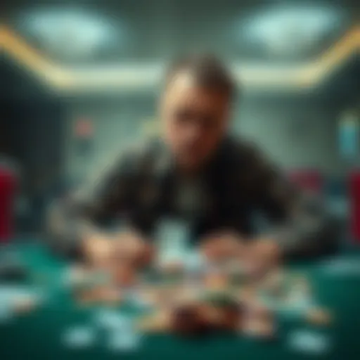 A distressed Canadian man sits at a table covered with gambling chips and cards, looking overwhelmed and lost, symbolizing his fight against addiction.