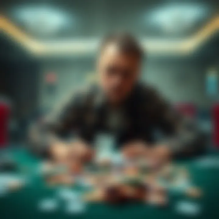 A distressed Canadian man sits at a table covered with gambling chips and cards, looking overwhelmed and lost, symbolizing his fight against addiction.