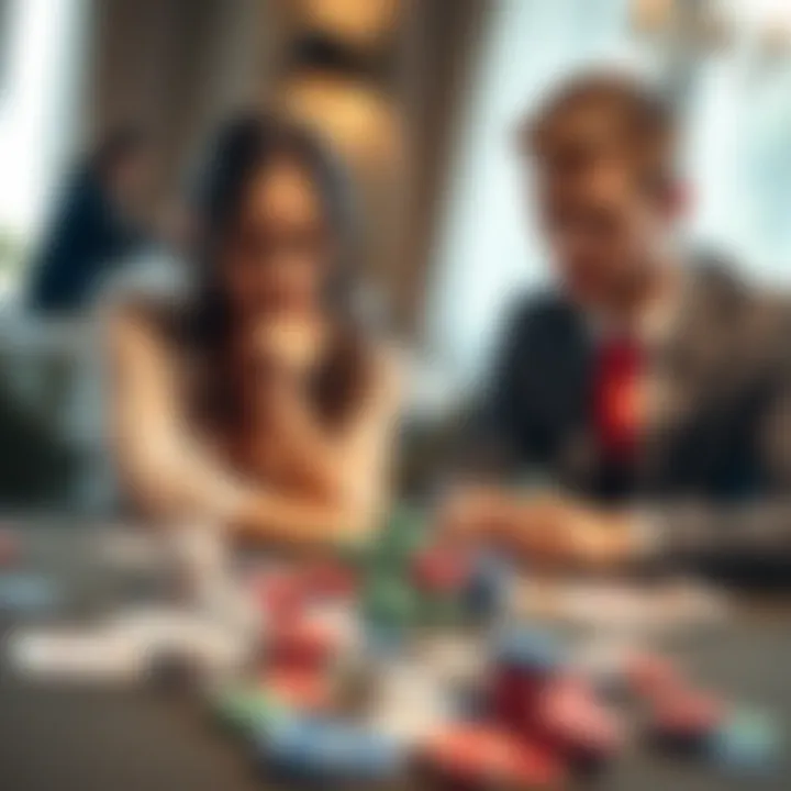 A newlywed couple sits at a table, looking concerned. The woman appears distressed while the man looks down, indicating a serious discussion about gambling issues. Cards and chips are scattered on the...