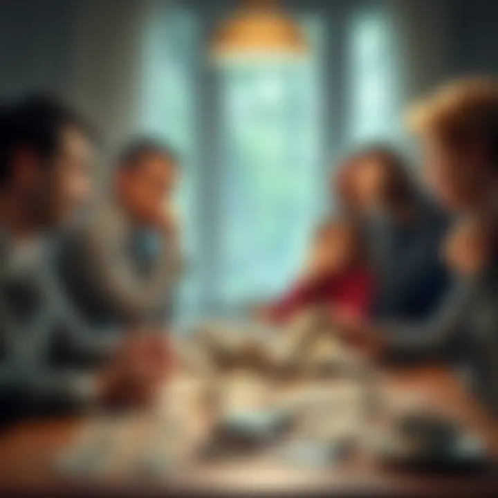 Struggling family at dinner table A worried family sits at the dinner table with bills scattered around, showing stress and financial strain.