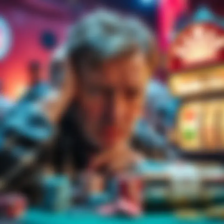 A 42-year-old man looks distressed, surrounded by gambling chips and a broken slot machine, illustrating his battle with gambling addiction.