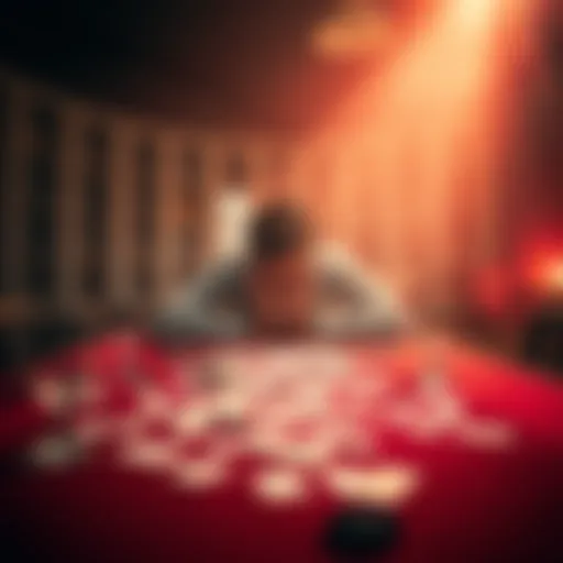A person sitting alone at a table, looking defeated with playing cards scattered and empty drink glasses around, symbolizing the loss from gambling.