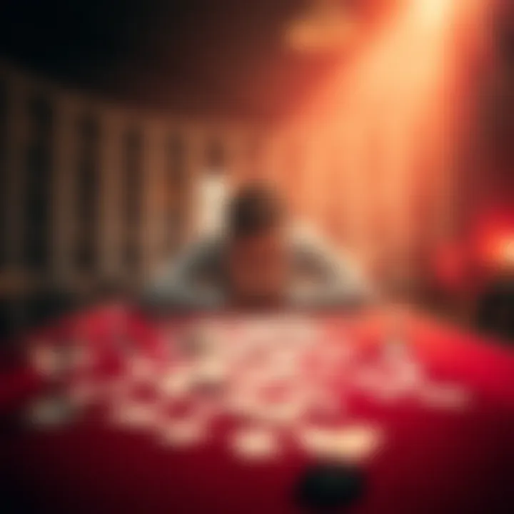 A person sitting alone at a table, looking defeated with playing cards scattered and empty drink glasses around, symbolizing the loss from gambling.