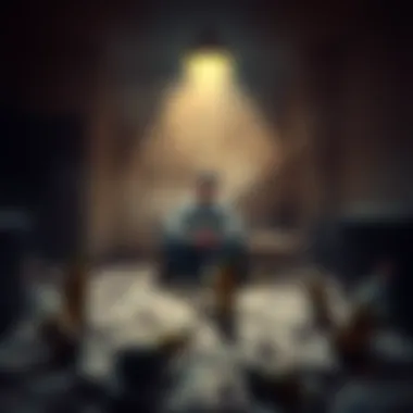 Struggling Gambler A man sits alone in a dimly lit room, surrounded by bills and empty bottles, reflecting his financial struggles and emotional pain from gambling addiction.