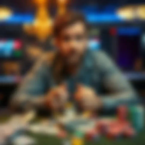 A man sitting at a table with a worried expression, surrounded by bills and gambling chips, illustrating his financial struggles with online gambling.