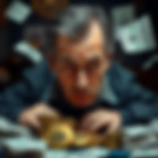 A worried father surrounded by unpaid bills and gambling tokens, reflecting his financial and emotional struggle.