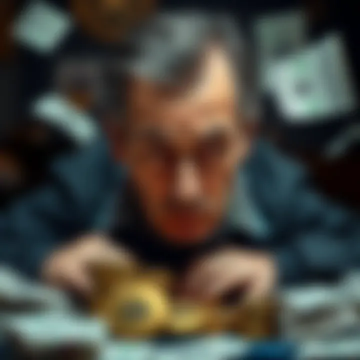 A worried father surrounded by unpaid bills and gambling tokens, reflecting his financial and emotional struggle.