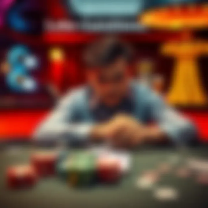 A person looking worried while sitting at a gambling table surrounded by chips and cards