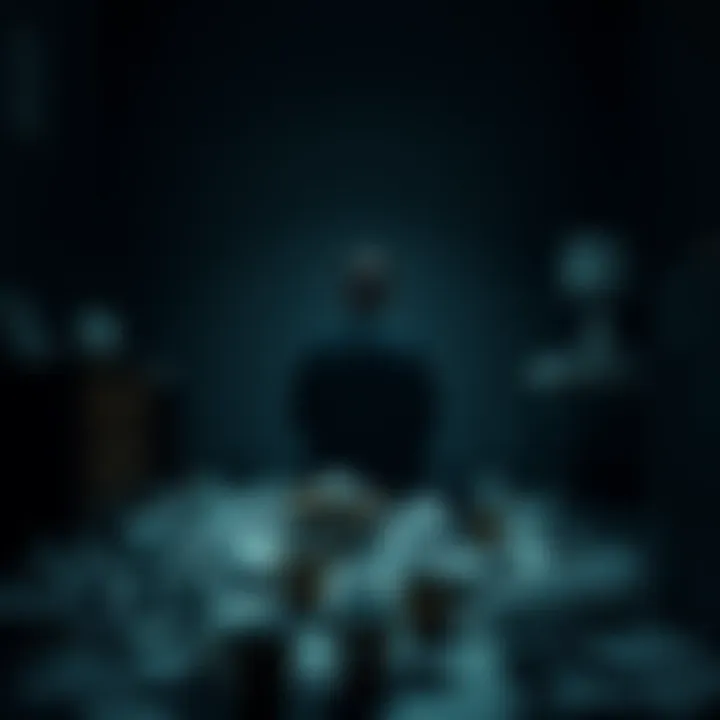 A person sitting alone in a dimly lit room, surrounded by crumpled papers and empty coffee cups, looking lost and overwhelmed by their financial struggles.