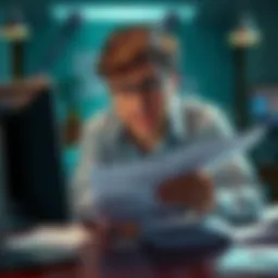 A worried person sitting at a computer, looking at tax documents with a frustrated expression, surrounded by scattered paperwork, symbolizing the challenges of online gambling taxes.