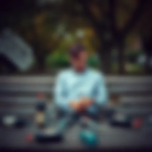 An individual looking distressed while sitting alone on a park bench, surrounded by empty bottles, symbolizing the battle against addiction.