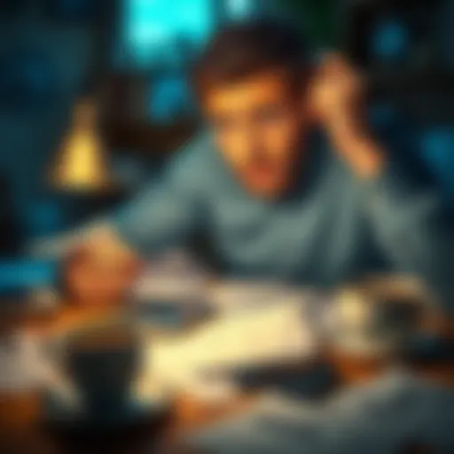 A worried person looking at a pile of bills on a table, with a calculator and a cup of coffee nearby.