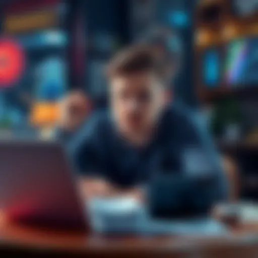 A worried man sitting at a table with bills and a laptop, looking stressed about his financial situation due to gambling addiction.