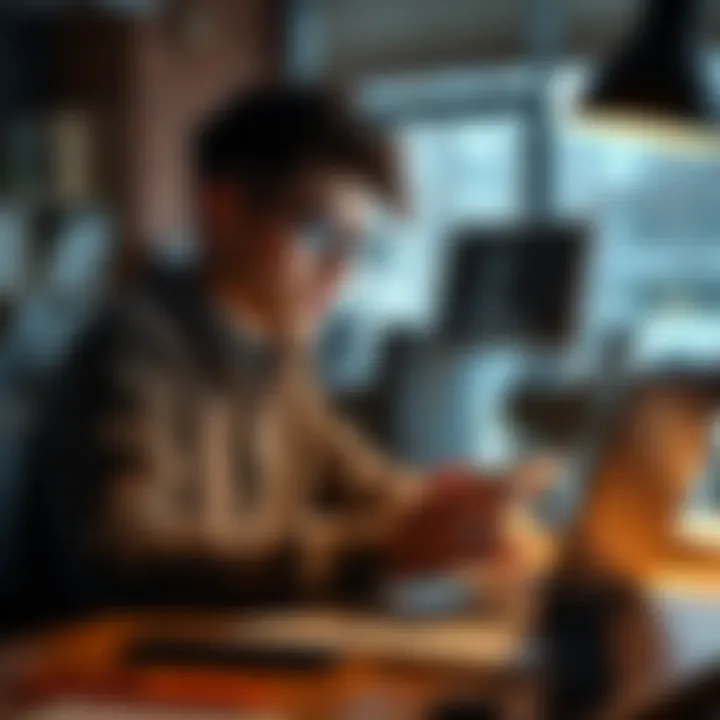 A student sits at a desk, reviewing financial tips on a laptop, feeling determined to manage his situation after quitting.