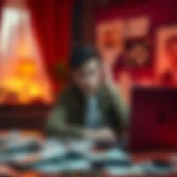Student Reflecting on Gambling Costs A college student sitting at a desk looking worried, surrounded by bills and a laptop, reflecting on gambling debts.