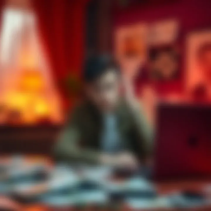 Student Reflecting on Gambling Costs A college student sitting at a desk looking worried, surrounded by bills and a laptop, reflecting on gambling debts.