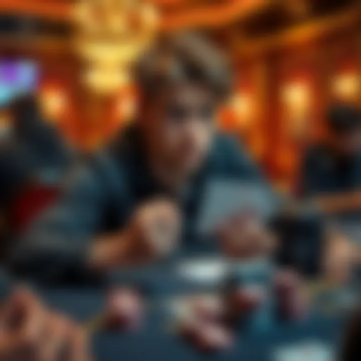 Student playing poker A student sits at a poker table with focused expression, holding cards showing a pair of Jacks, surrounded by chips and other players. He looks concerned after a recent hand.