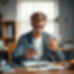 A young man looks distressed while checking his phone, symbolizing his loss of $4000 through betting apps. He sits at a college desk surrounded by books and bills.