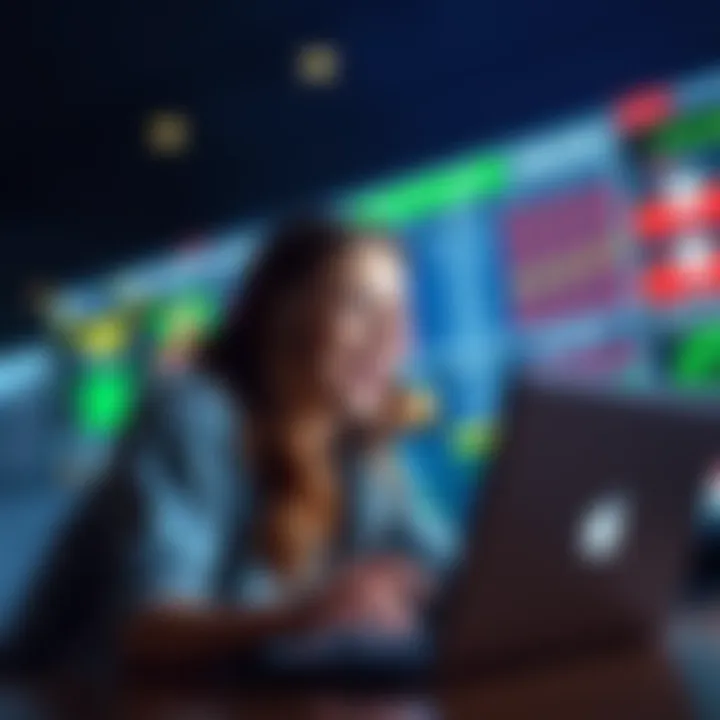 A college student looking at sports betting options on a laptop, excitedly planning her challenge to turn $5 into $1,000, with sports graphics in the background.