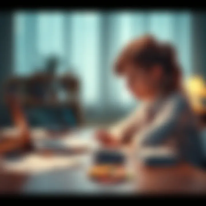 A worried student sitting at a desk with bills, a laptop, and a poker chip on the table, reflecting on financial stress.