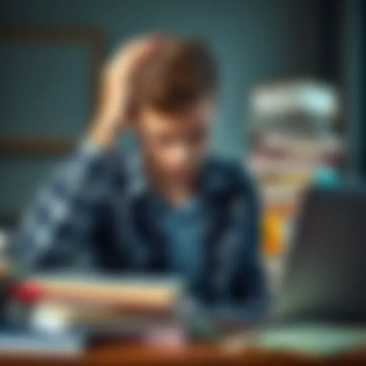 A student looking stressed while holding his head, with a pile of books and a laptop in the background, symbolizing academic pressure and financial struggles.