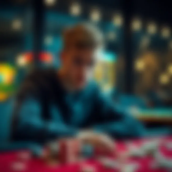 A 20-year-old student looks worried while sitting at a table covered with gambling chips and bills, reflecting on his recent losses.
