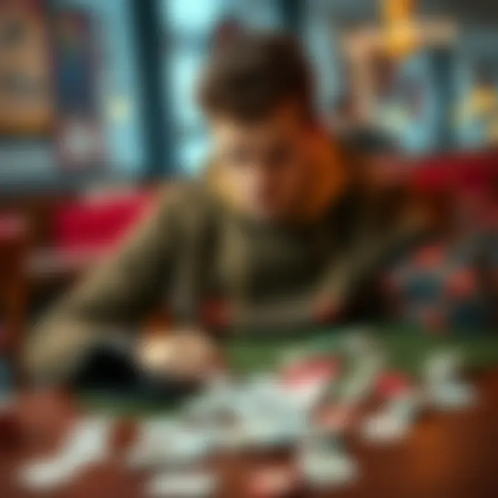 Student sitting at a table looking worried A student with a distressed expression, staring at empty pockets and scattered playing cards on a table, symbolizing his struggle with gambling addiction