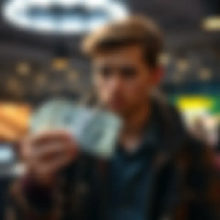 A student looks worried while holding a stack of cash, symbolizing his daily losses from gambling.