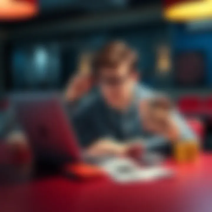 A thoughtful student sitting at a table with a laptop, looking concerned while holding a stack of cash and a gambling game card.