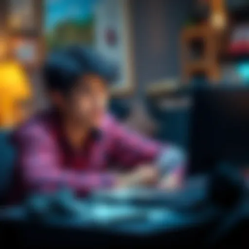 A college student looking worried while sitting at a desk with bills and a laptop, symbolizing the struggle of gambling addiction and debt.