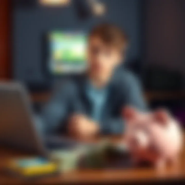 Student reflecting on gambling A young European student sits at a desk, looking pensive with a laptop open, showcasing online gaming. A stack of bills and a piggy bank are nearby, symbolizing financial concerns and savings.