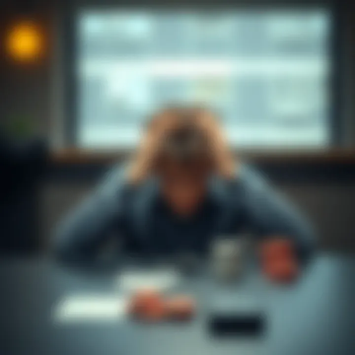 A young man sits at a table with his head in his hands, looking stressed and lost, representing a struggle with gambling and financial issues.