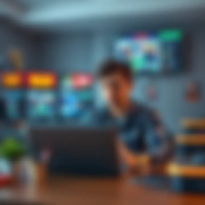 A concerned student sits at a desk with a laptop and a worried expression, looking at screens displaying gambling websites, searching for help and advice.