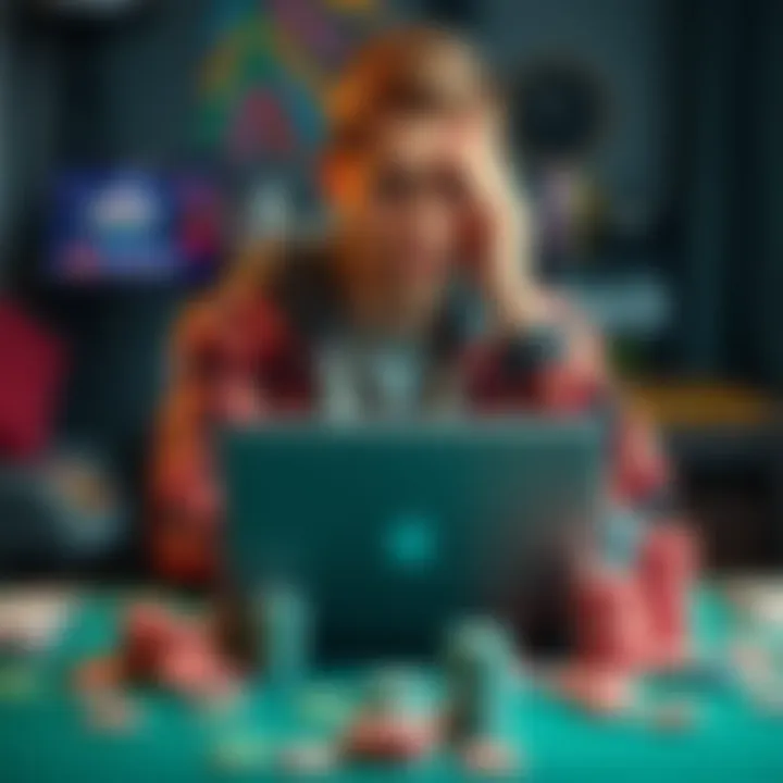 A college student sitting at a desk looking worried with a laptop open, showing a poker game screen, and scattered poker chips around him